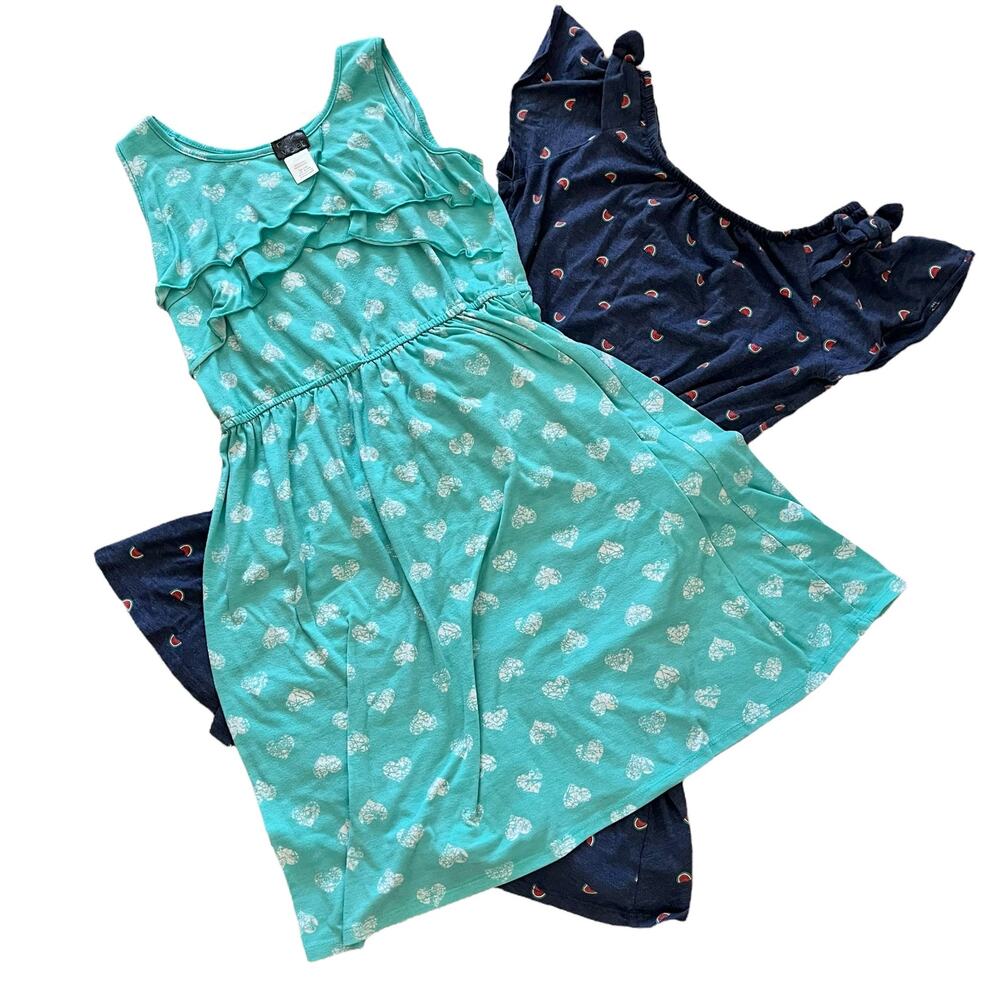 Bundle 2 XL Girls Blue Dresses: Pink & Violet Heart, Cat & Jack Watermelon